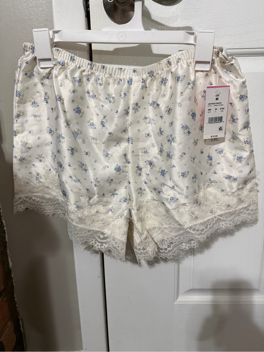 Zoe + Liv Cream Floral Lace-Trim Sleep Shorts with Blue Accent